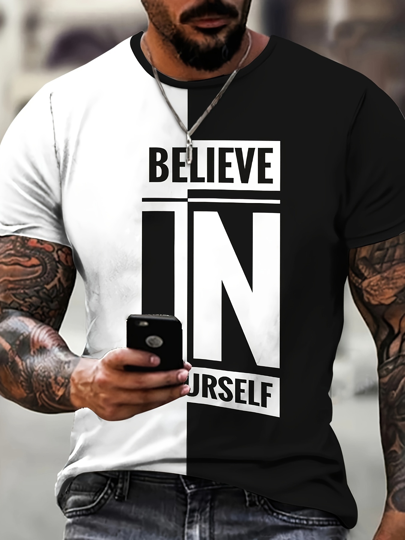 believe in yourslef print t shirt mens casual street style stretch round neck tee shirt for summer details 1