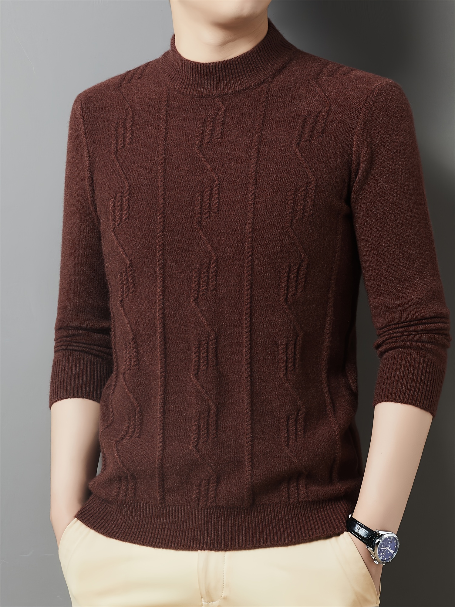 Cozy & Stylish Men s   Knit Sweater - Solid Color, Round Neck, Long Sleeve Pullover for Fall/Winter | Soft Polyester   details 1