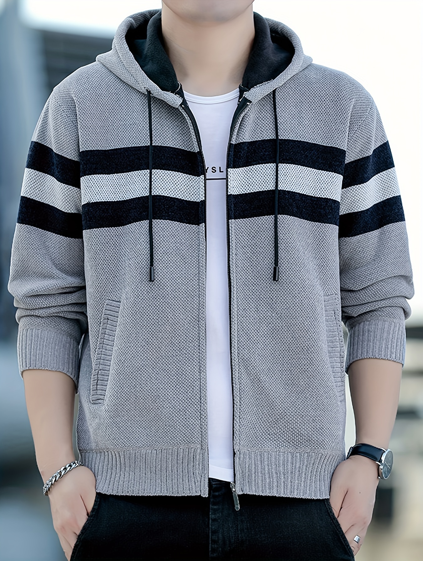 Men S Casual Knit Polyester Hooded Sweater, Long Sleeve Zip-Up Jacket, Regular Fit, with   and   Design, for Travel, Fishing, Golf, Daily   details 8