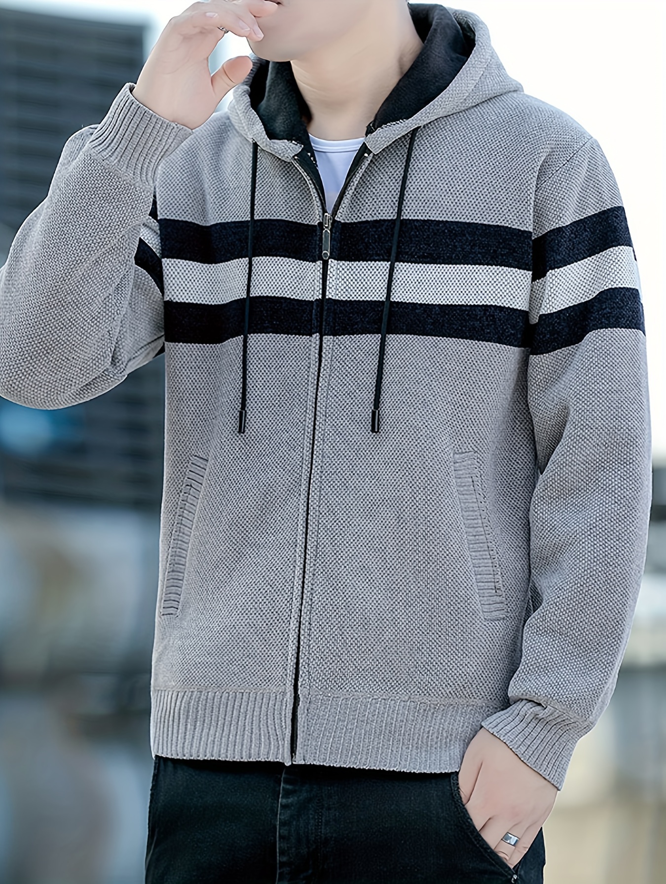 Men S Casual Knit Polyester Hooded Sweater, Long Sleeve Zip-Up Jacket, Regular Fit, with   and   Design, for Travel, Fishing, Golf, Daily   details 11