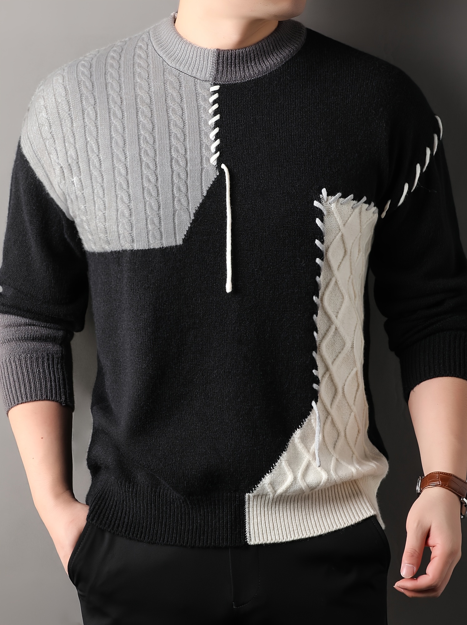 1pc mens korean   neck sweater casual striped pattern rib knit   stretch loose fit acrylic knit fabric   warm   pullover for   fashionable   base layer top 12422 details 0