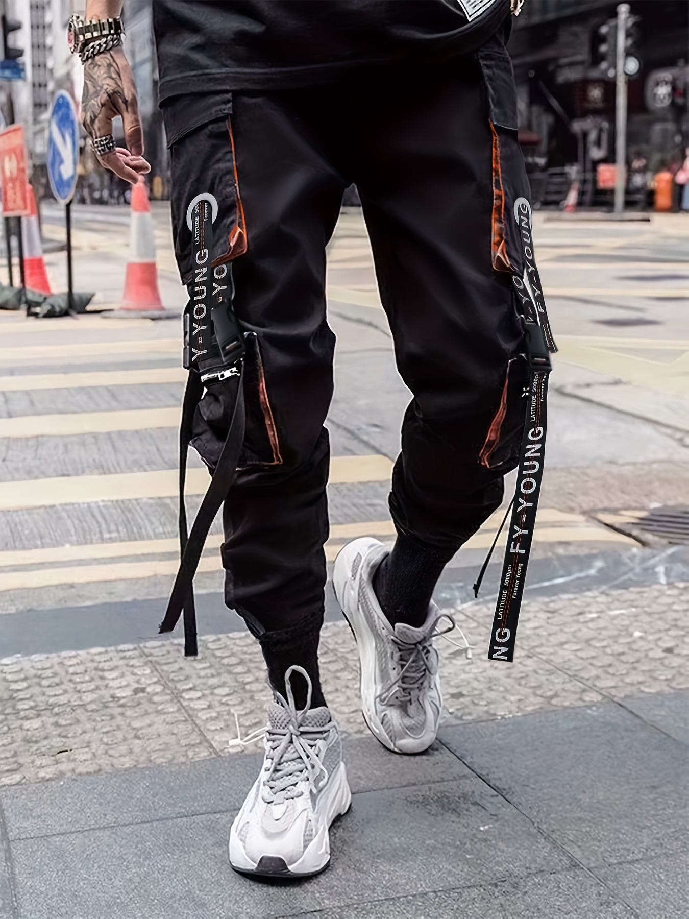 mens cargo joggers loose fit tapered leg trousers with straps and ribbed cuffs sports drawstring pants for streetwear details 0