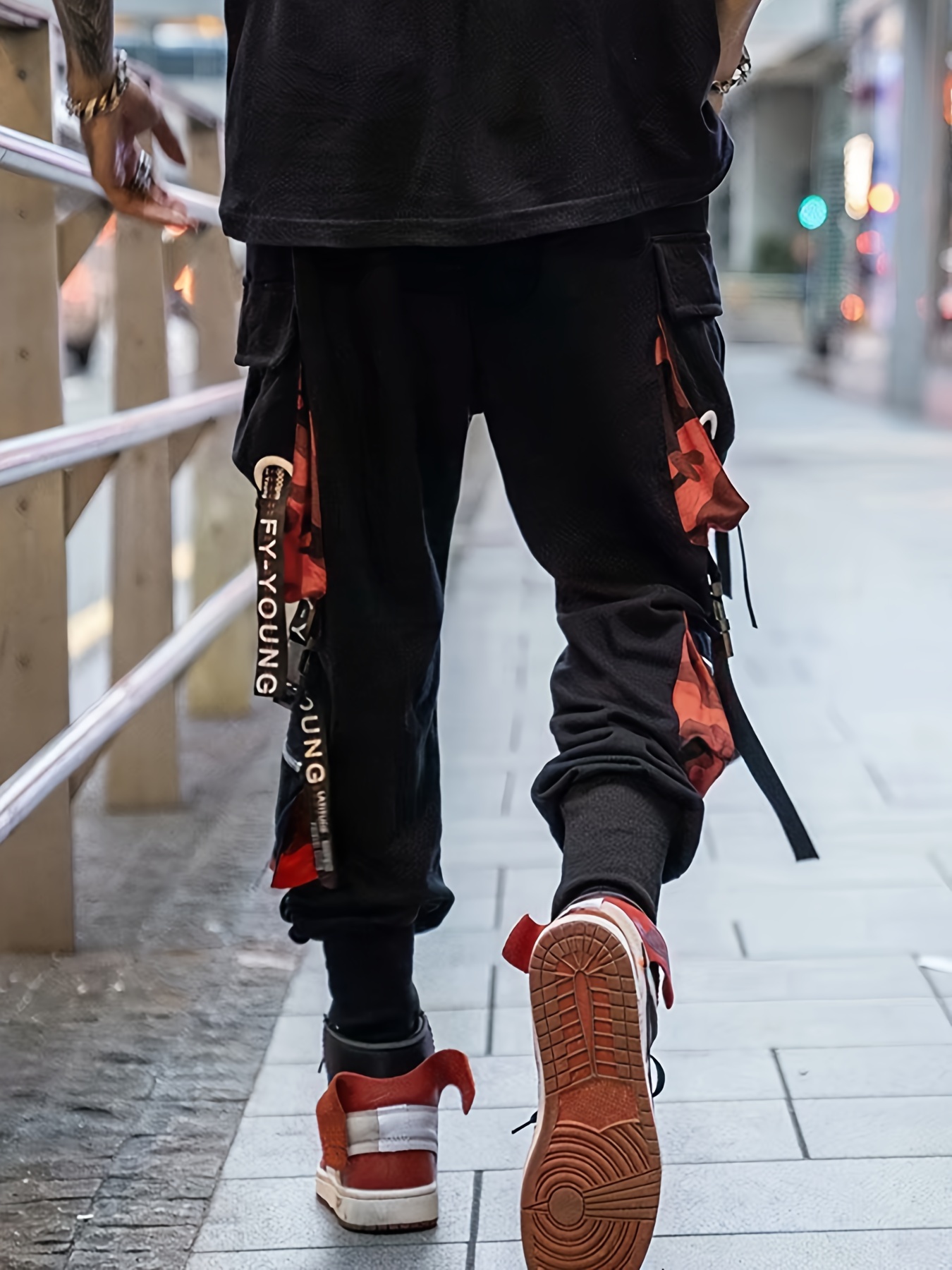 mens cargo joggers loose fit tapered leg trousers with straps and ribbed cuffs sports drawstring pants for streetwear details 1