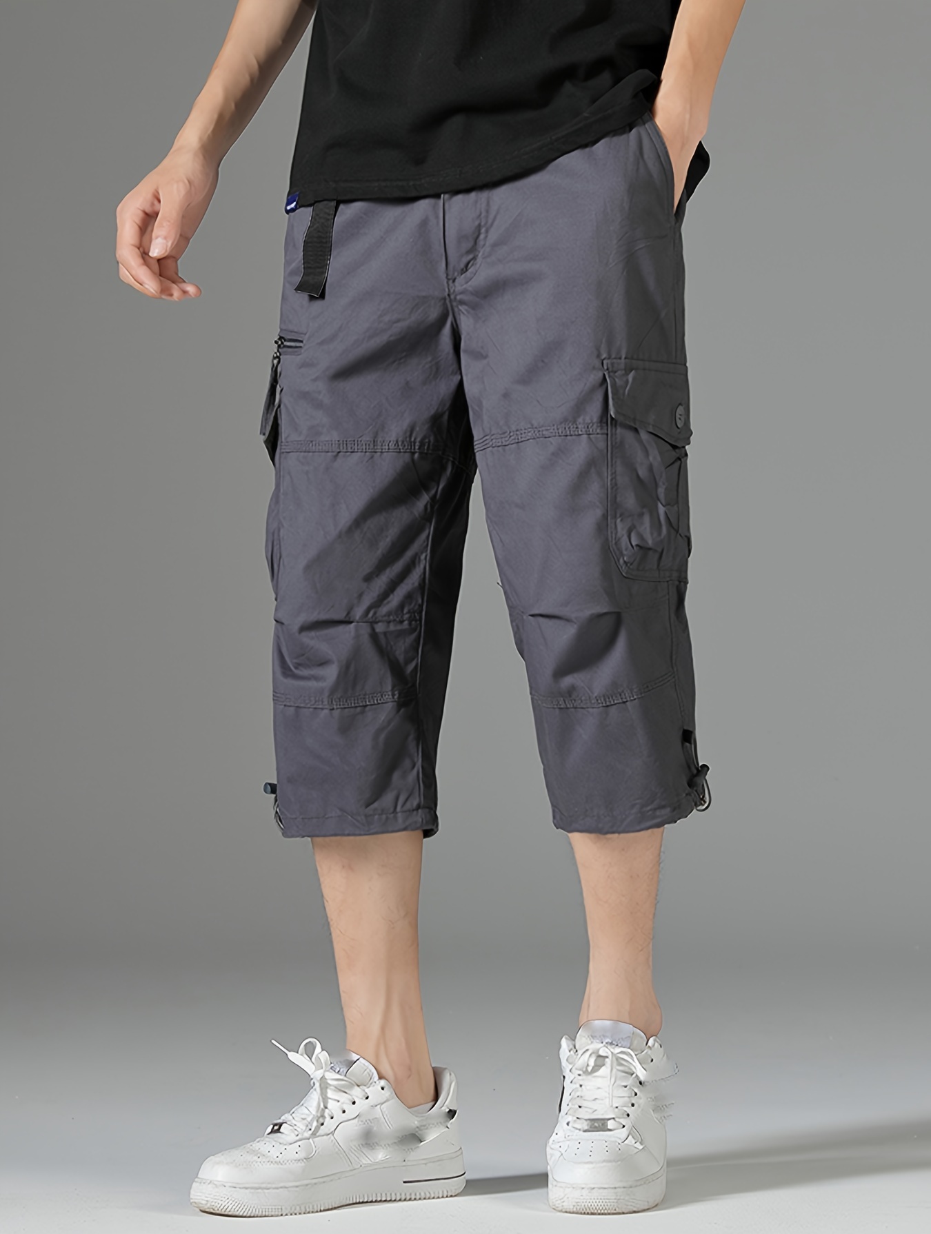 mens 3 4 length solid color non stretch   cotton cargo shorts for summer outdoor wear details 4