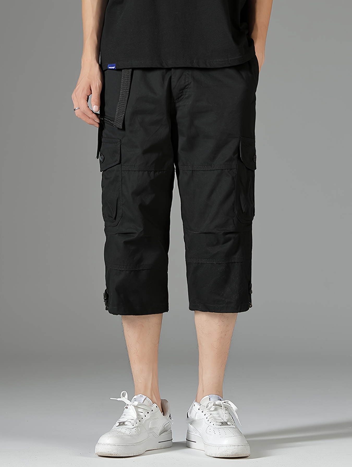 mens 3 4 length solid color non stretch   cotton cargo shorts for summer outdoor wear details 12