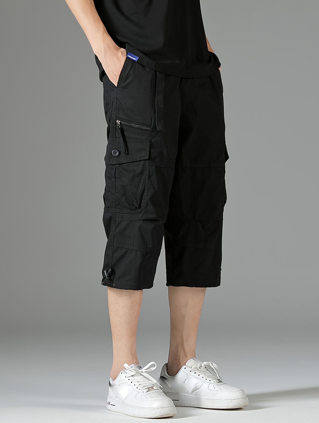 mens 3 4 length solid color non stretch   cotton cargo shorts for summer outdoor wear details 14