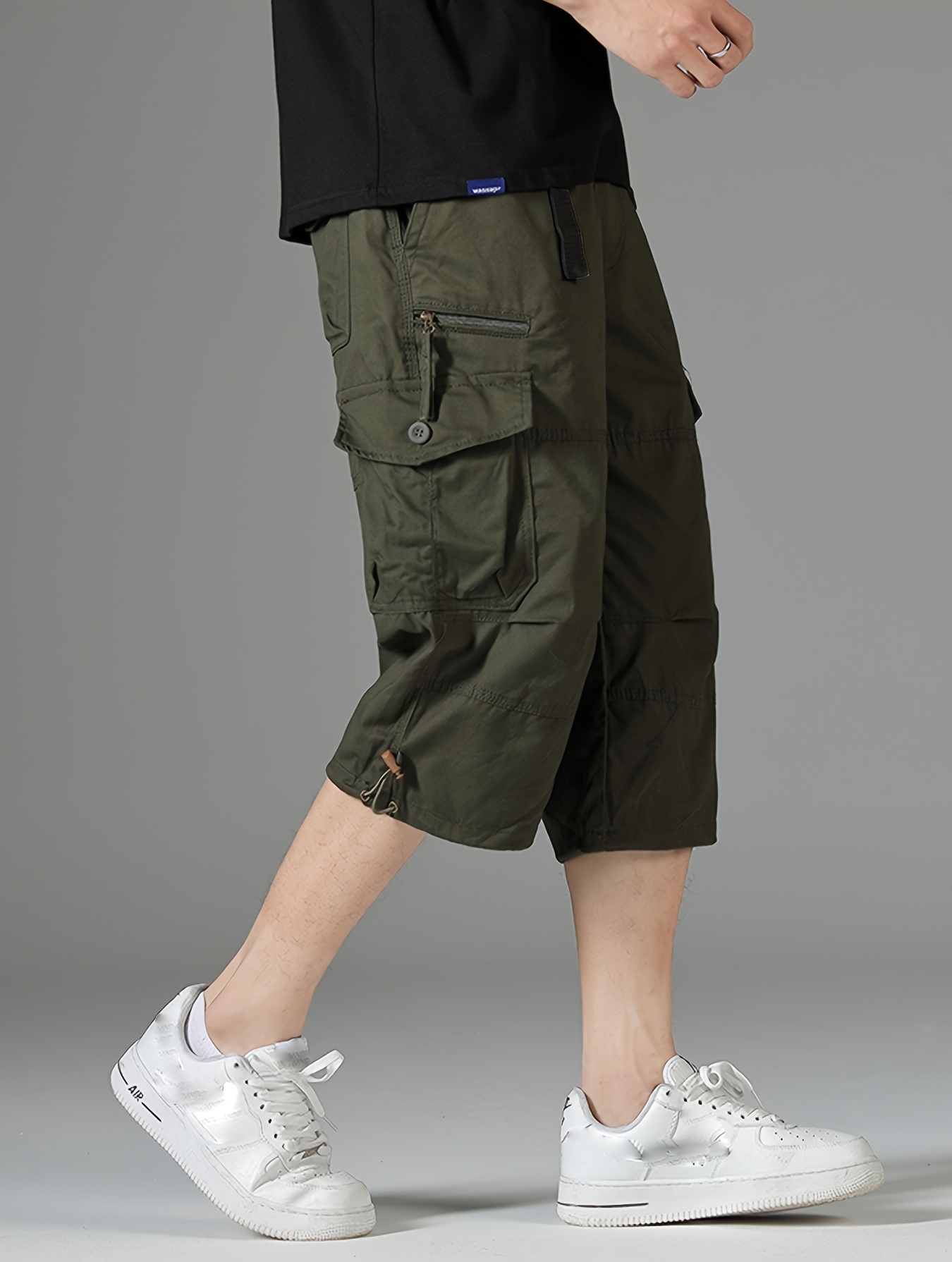 mens 3 4 length solid color non stretch   cotton cargo shorts for summer outdoor wear details 18